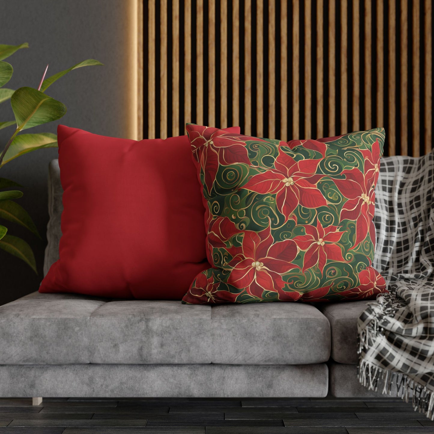 Poinsettias Swirl Holiday Square Poly Canvas Pillowcase