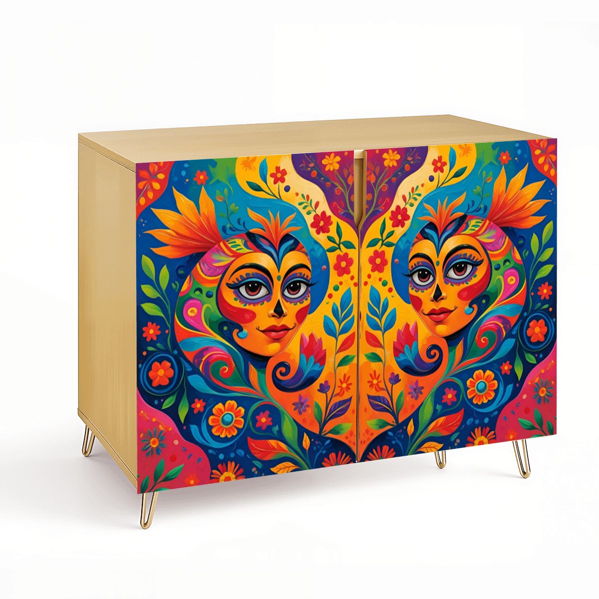 Colorful Mexican Art Wooden Storage Cabinet (Made in USA)