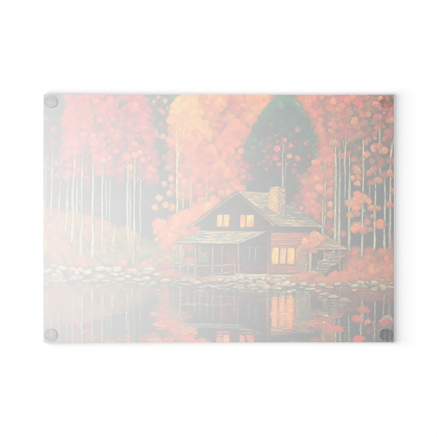 Autumn Lakeside Cabin Tempered Glass Cutting Board