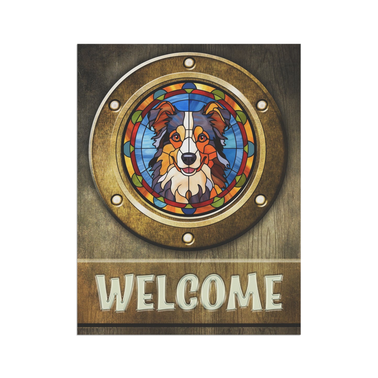 Australian Shepherd in Port Hole Welcome 2-Sided Garden & House Flag/Banner