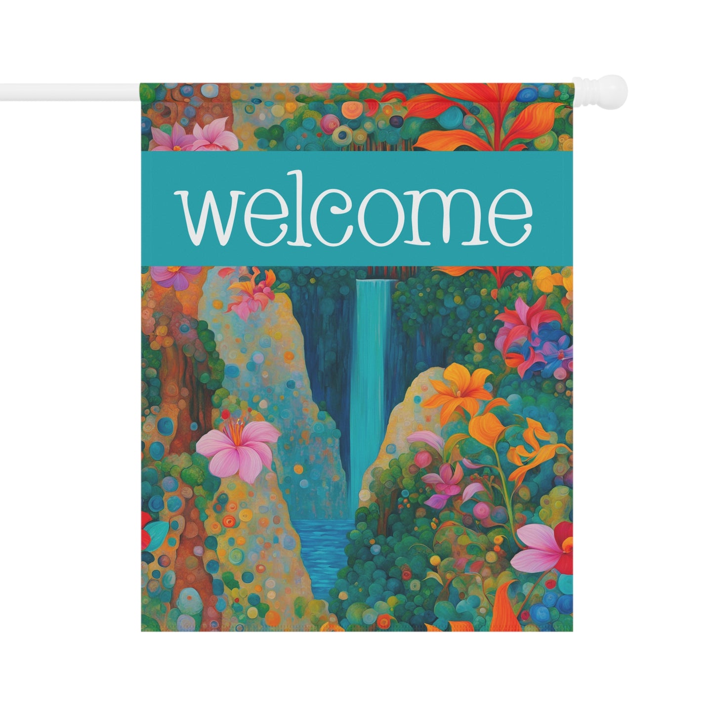 Tropical Waterfall Welcome 2-Sided Garden & House Flag/Banner