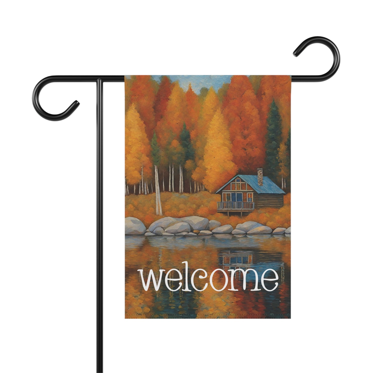 Lakeside Cabin in Fall Welcome 2-Sided Garden & House Flag/Banner