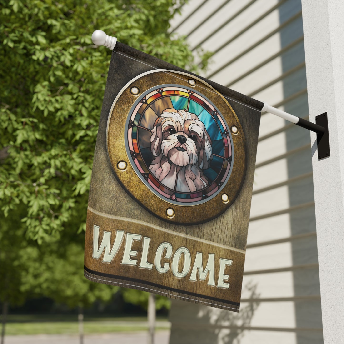 Lhasa Apso in Port Hole Welcome 2-Sided Garden & House Flag/Banner