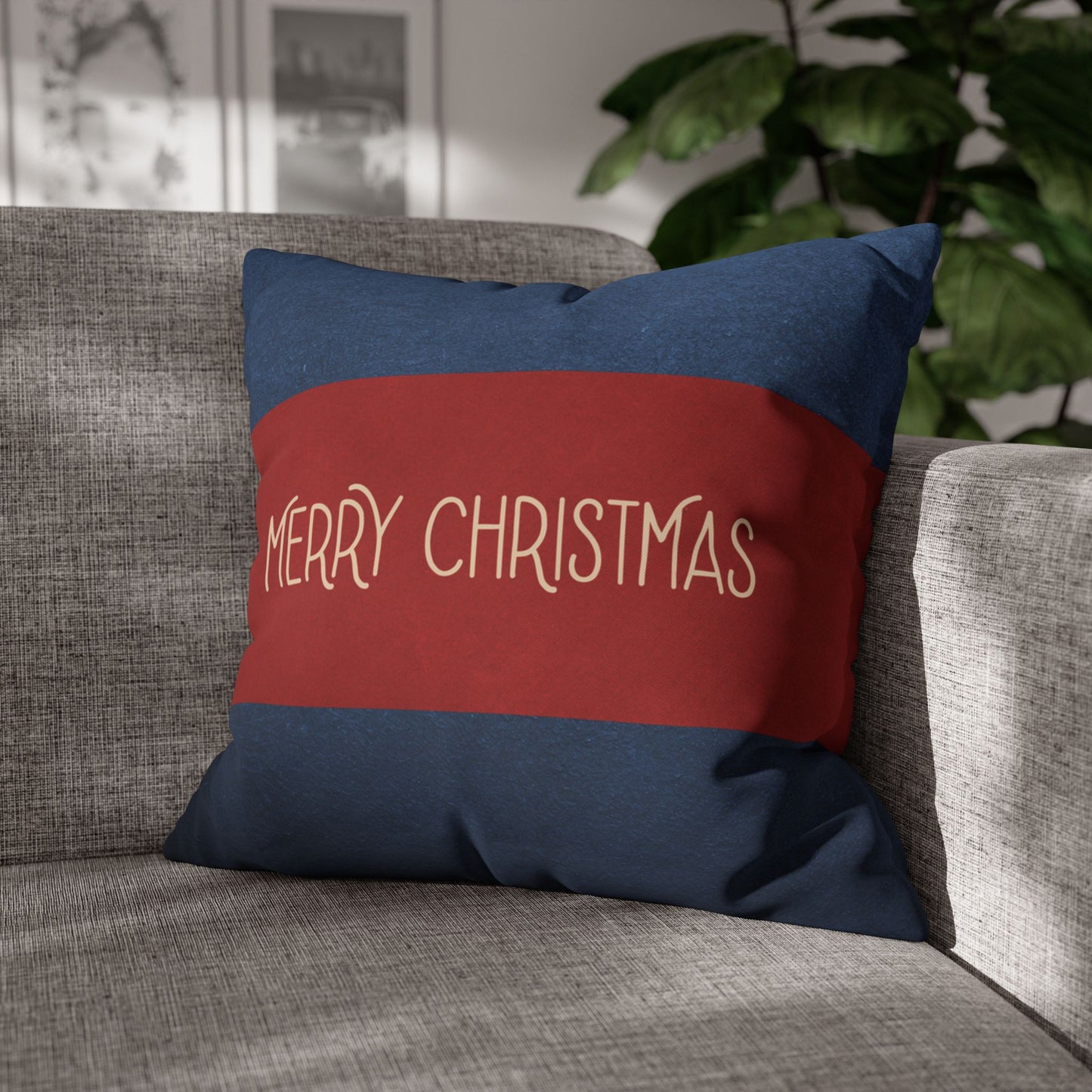 Merry Christmas Red & Navy Square Poly Canvas Pillowcase