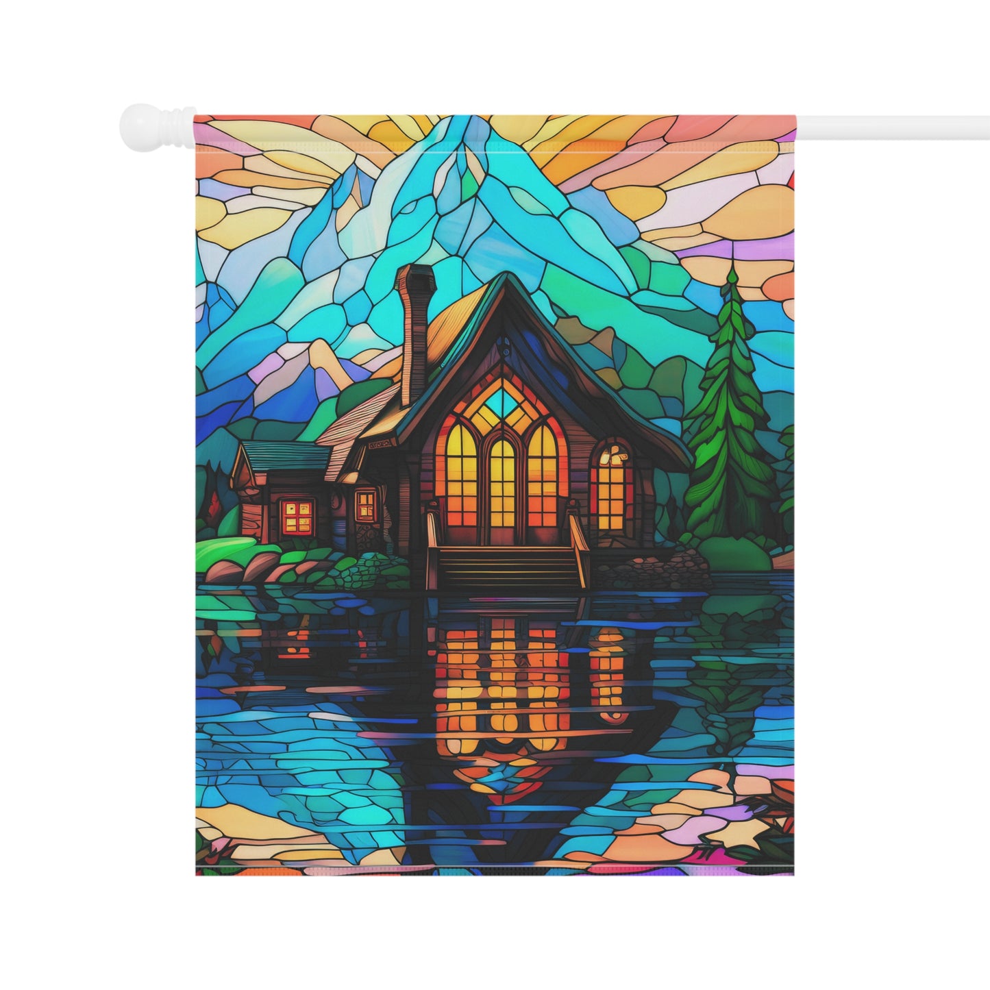 Mountain Cabin Paradise Stained Glass Look 2-Sided Garden & House Flag/Banner