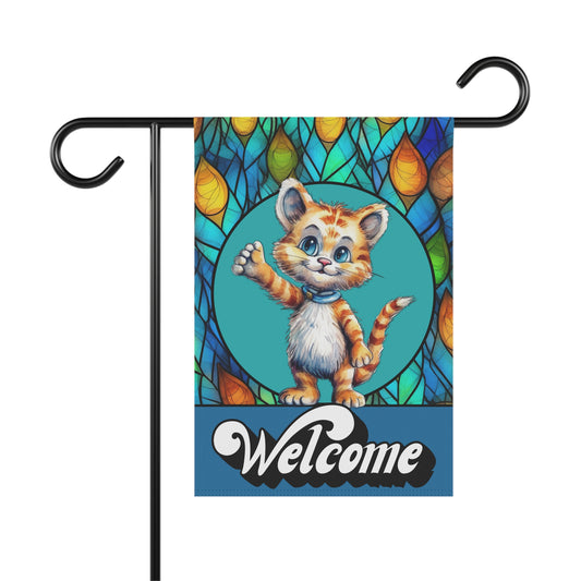 Cheerful Cat Welcome 2-Sided Garden & House Flag/Banner