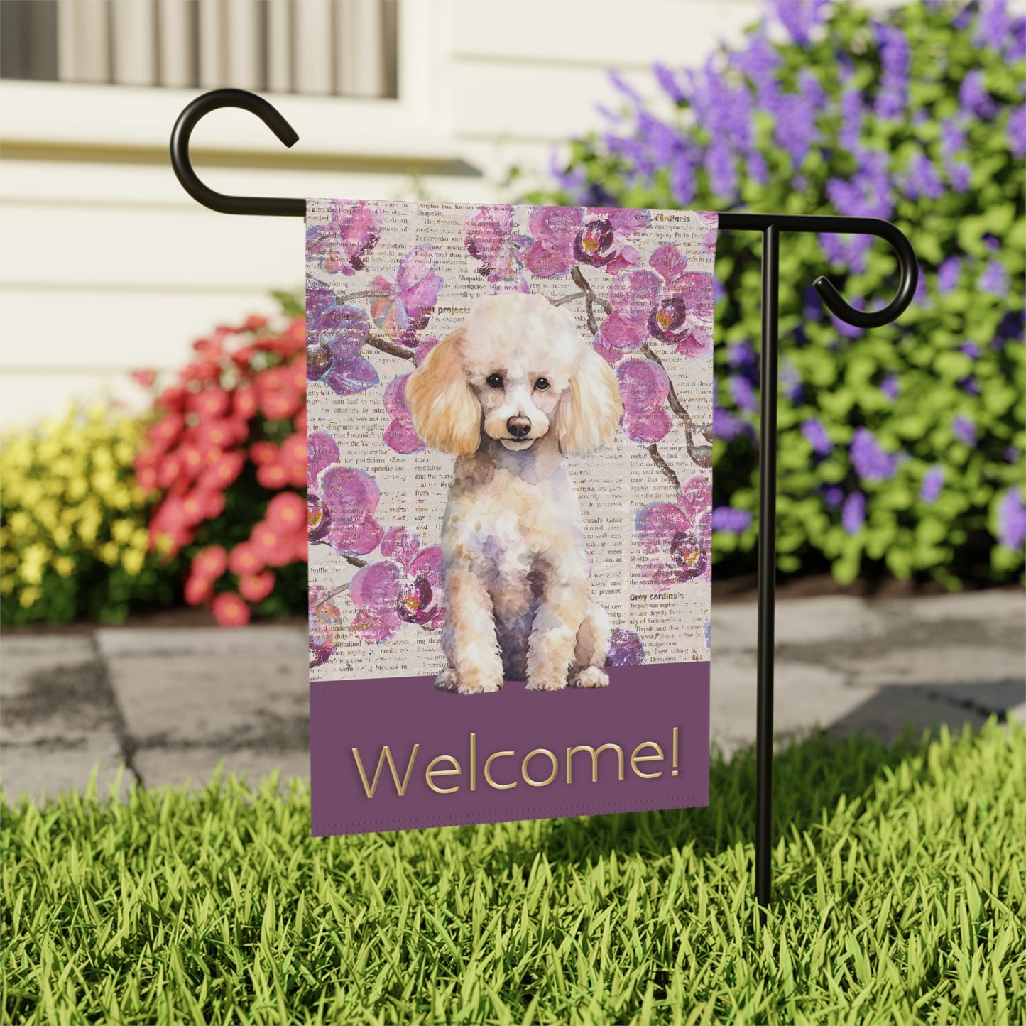 Poodle Welcome Purple Flowers 2-Sided Garden & House Flag/Banner