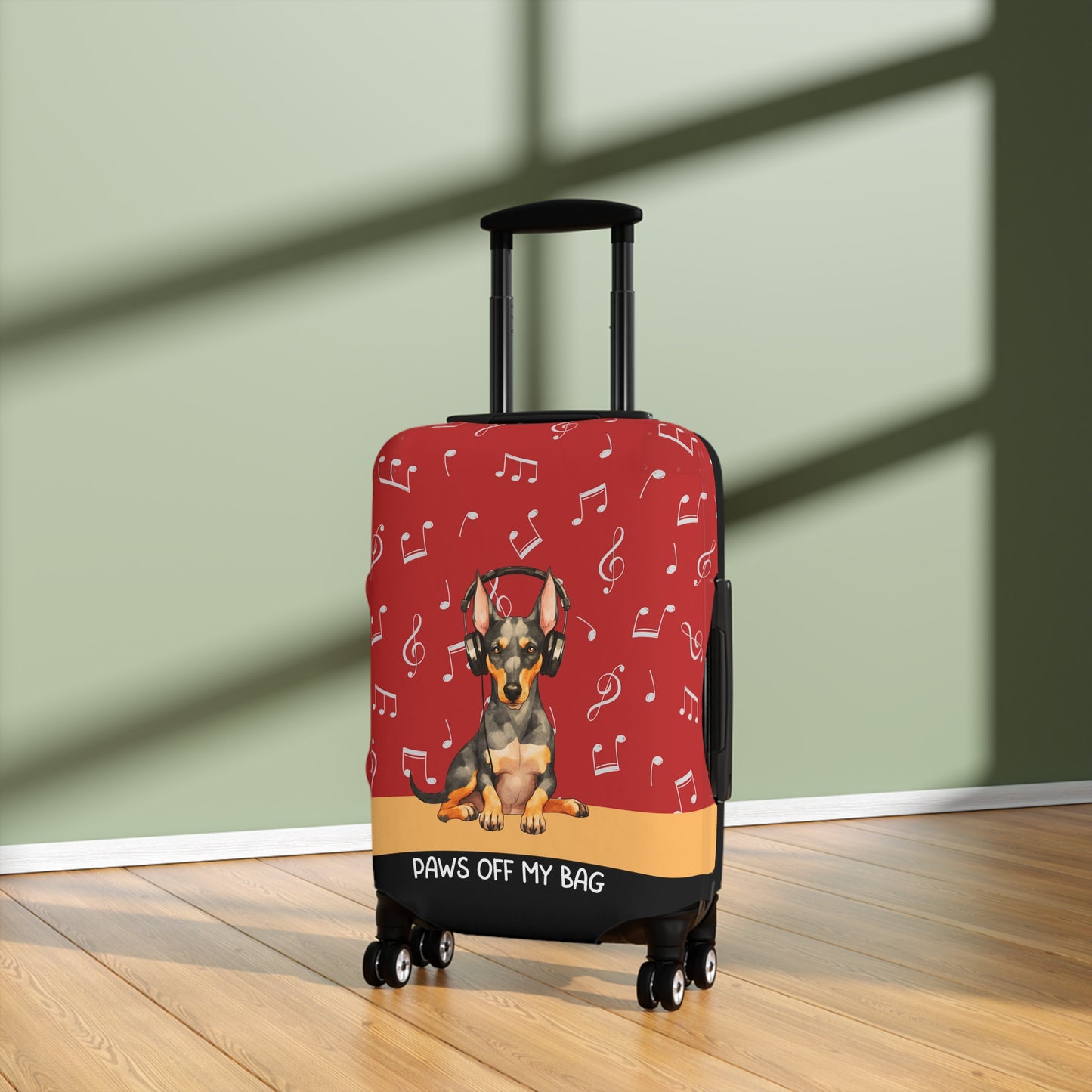 Doberman Pinscher in Headphones Paws Off My Bag Luggage Cover