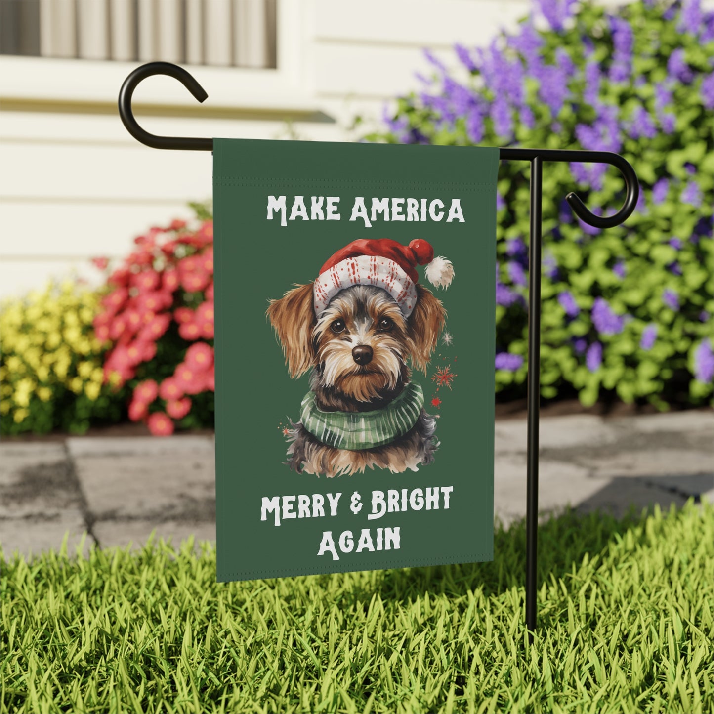 Make America Merry & Bright Again Dog in Santa Hat 2-Sided Garden Banner