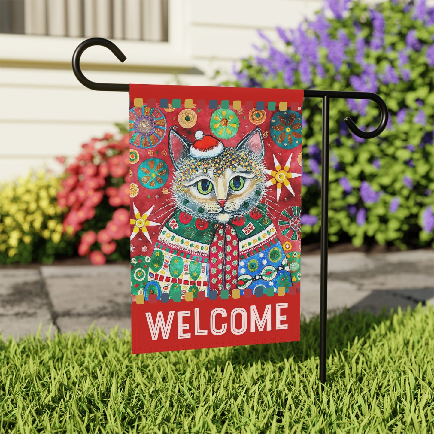 Festive Kitty Holiday Welcome 2-Sided Garden & House Flag/Banner