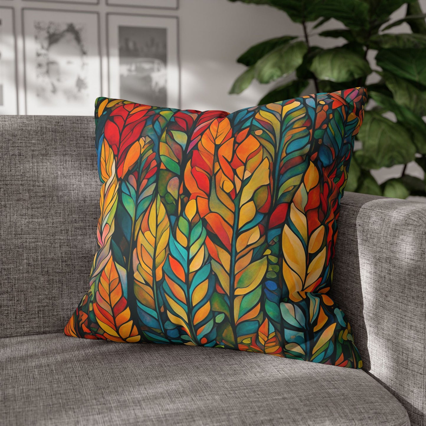 Feathered Foliage Square Poly Canvas Pillowcase