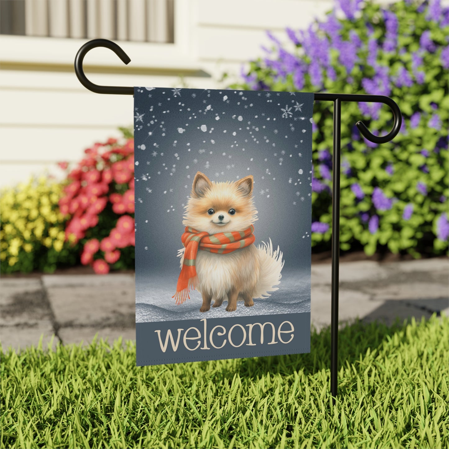 Snowy Welcome Pomeranian in Scarf 2-Sided Garden & House Flag/Banner