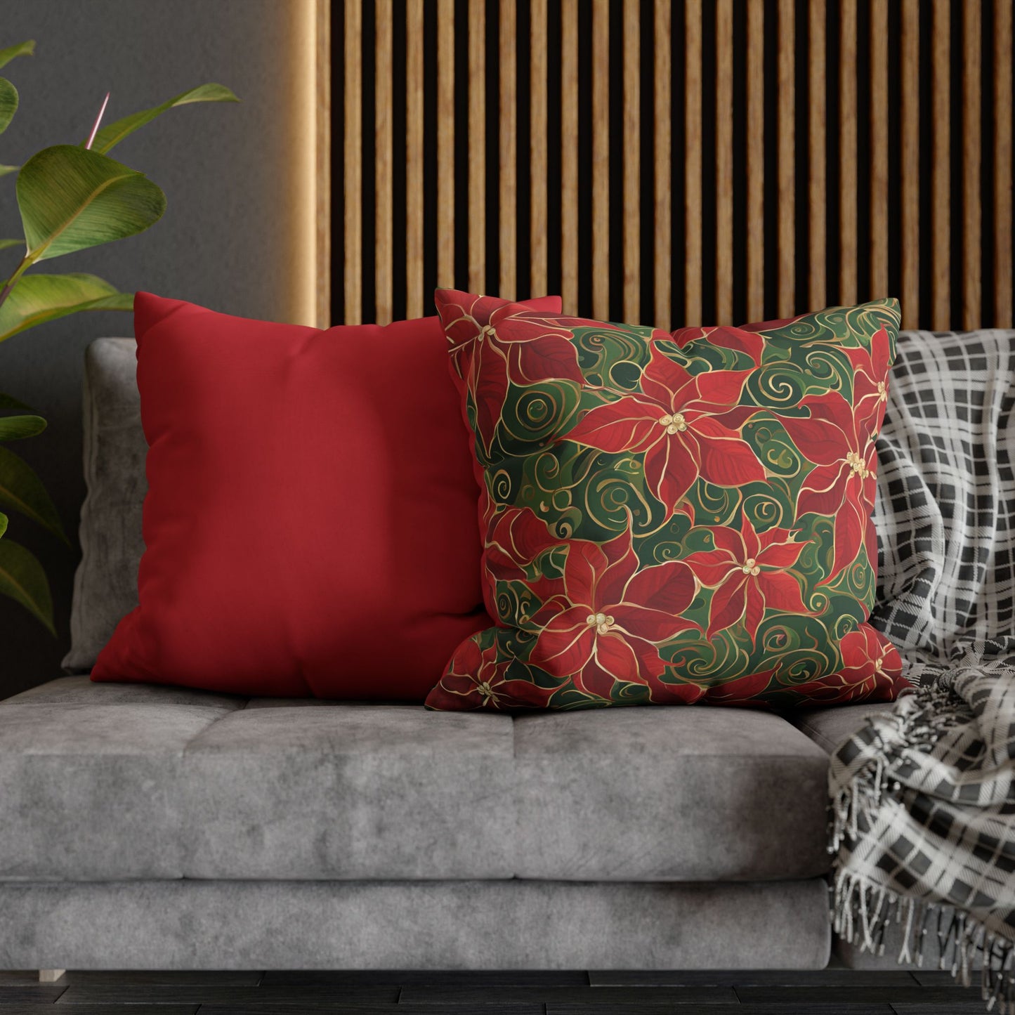 Poinsettias Swirl Holiday Square Poly Canvas Pillowcase