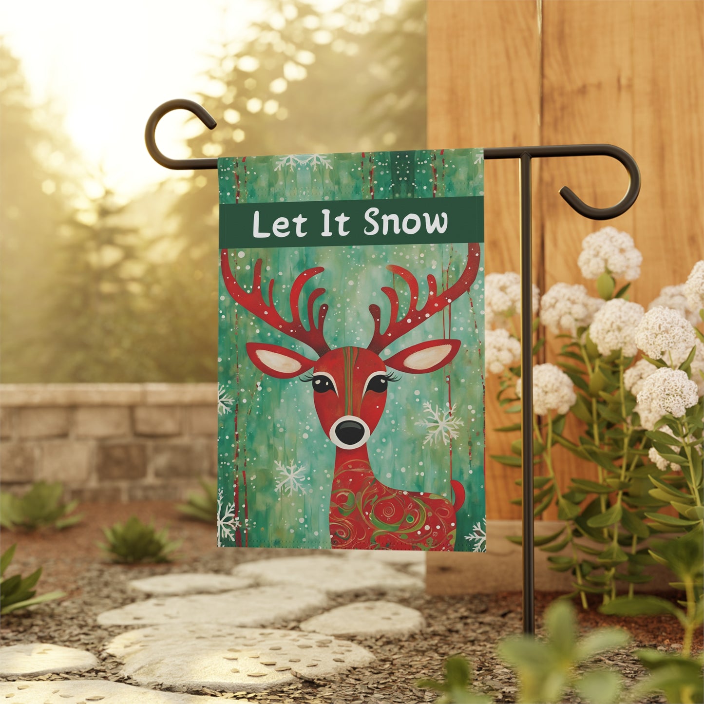 Red Reindeer Let it Snow 2-Sided Garden & House Flag/Banner