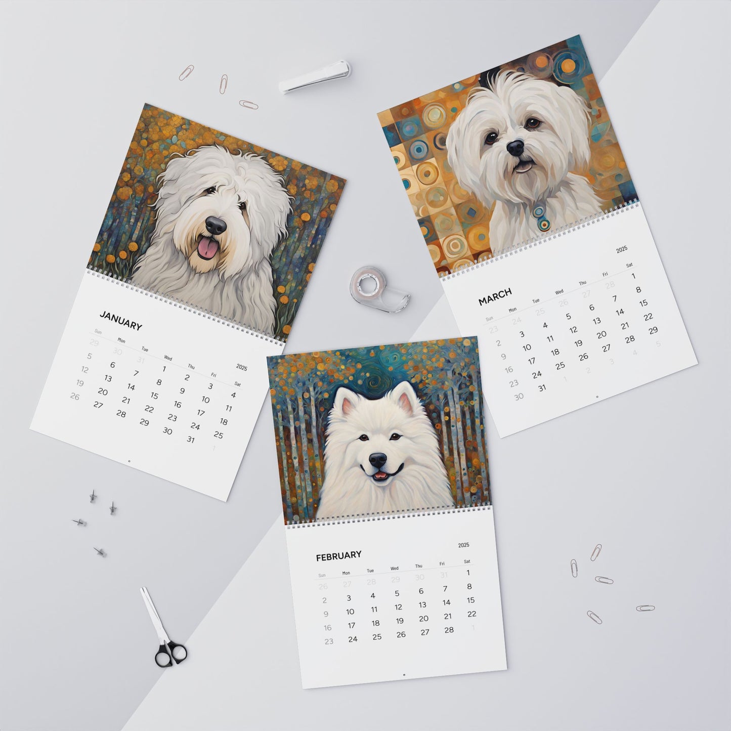 Dogs in White 14" x 11.5" 2025 Wall Calendar