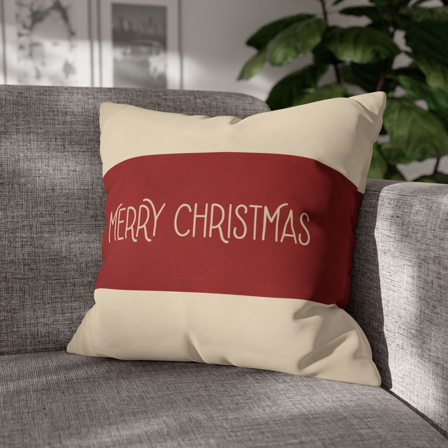 Merry Christmas Red & Cream Square Poly Canvas Pillowcase