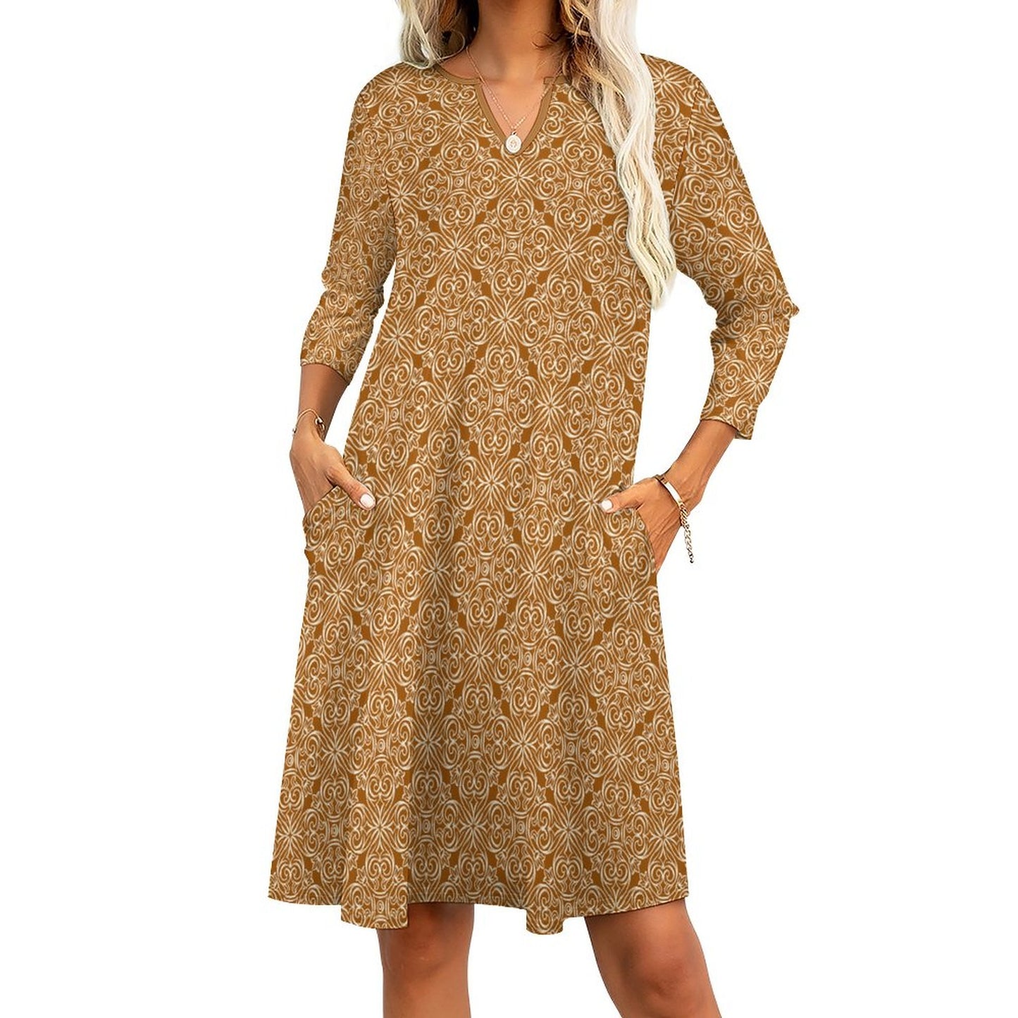 Addie V-neck 3/4 Sleeve Dress with Pockets