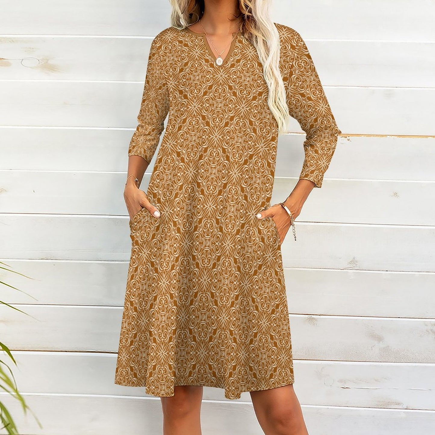 Addie V-neck 3/4 Sleeve Dress with Pockets