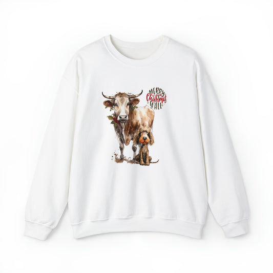 Merry Christmas Y'all Cow & Dog Unisex Heavy Blend™ Crewneck Sweatshirt