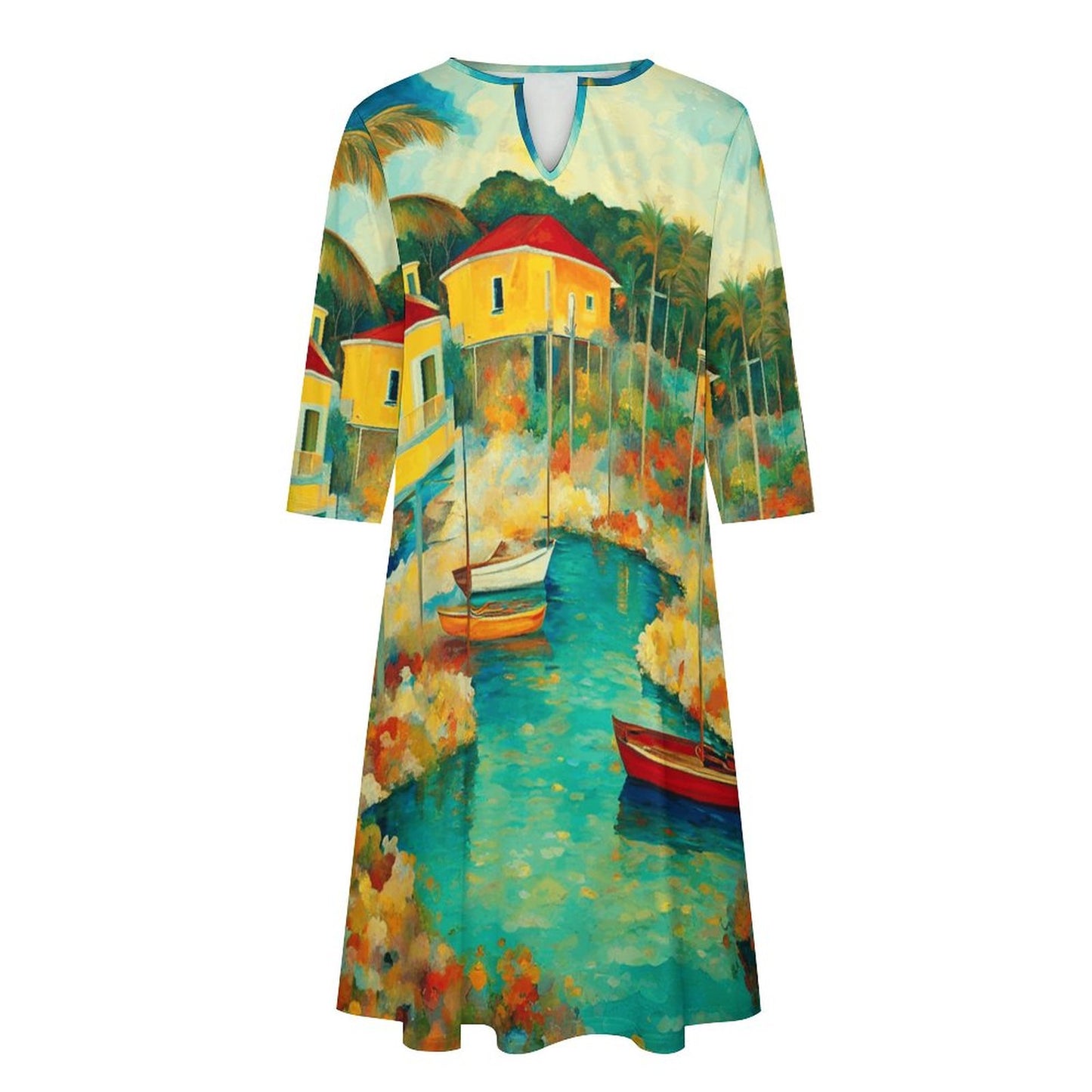 Abacos Bahamas V-neck 3/4 Sleeve Dress with Pockets