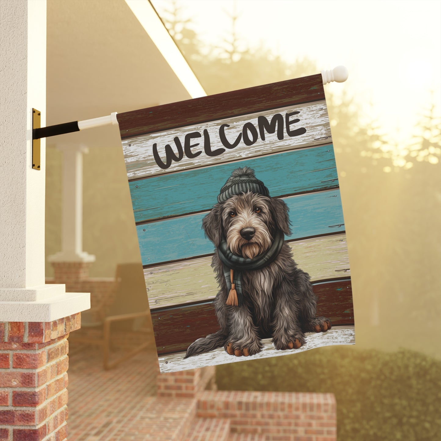 Cute Dog in Hat & Scarf Welcome 2-Sided Garden & House Flag/Banner