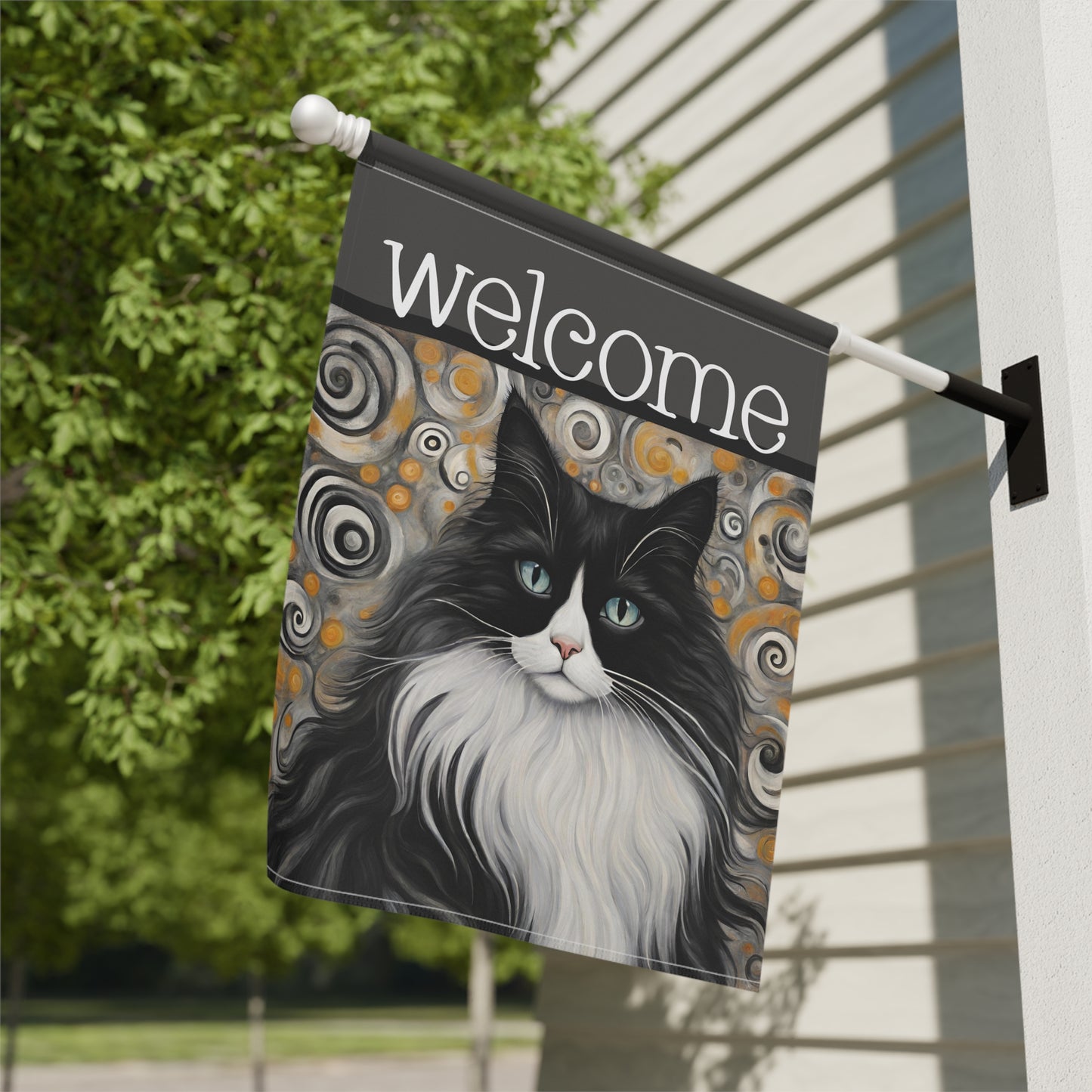 Phyllis Black & White Cat Welcome 2-Sided Garden & House Flag/Banner