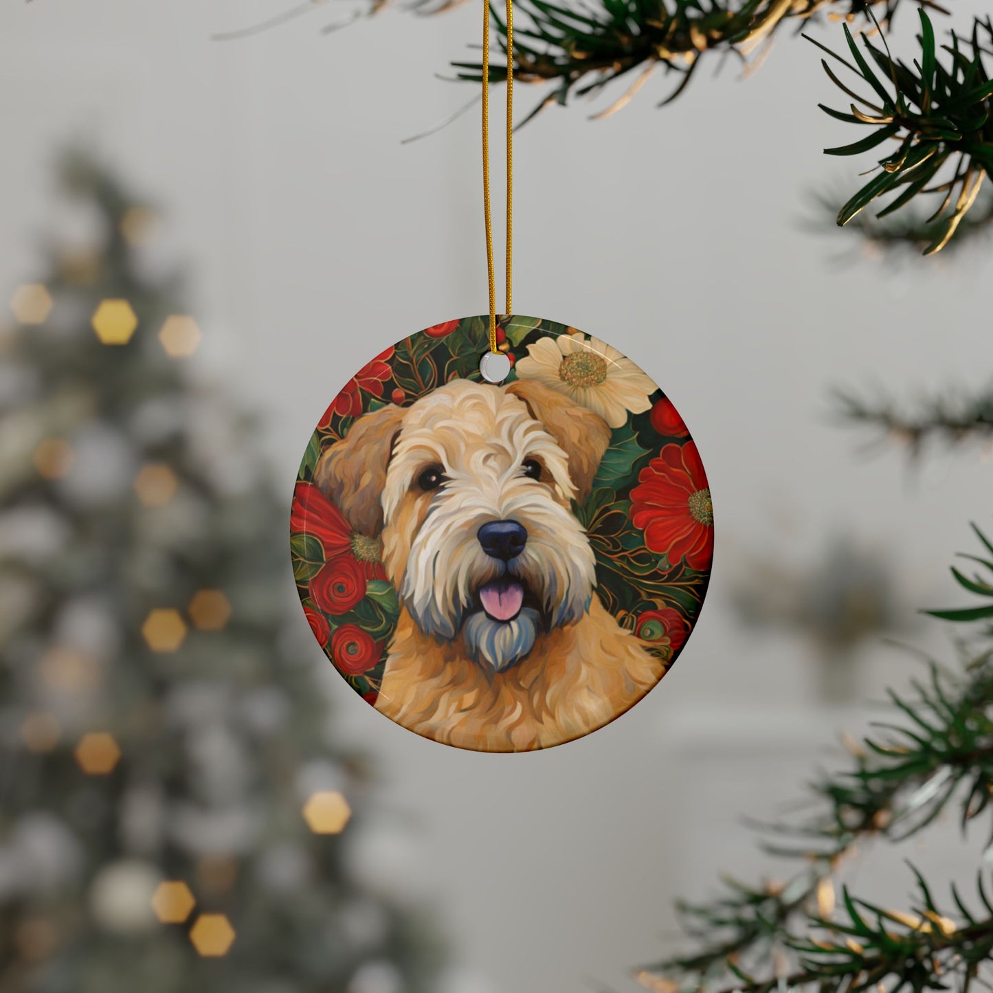 Wheaten Terrier Christmas 3" Ceramic Ornaments, 2-Side Print, (1pc, 10pcs)