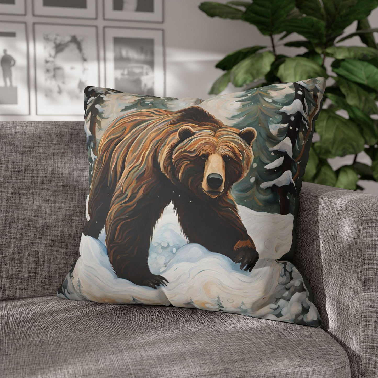 Winter Grizzly Square Poly Canvas Pillowcase