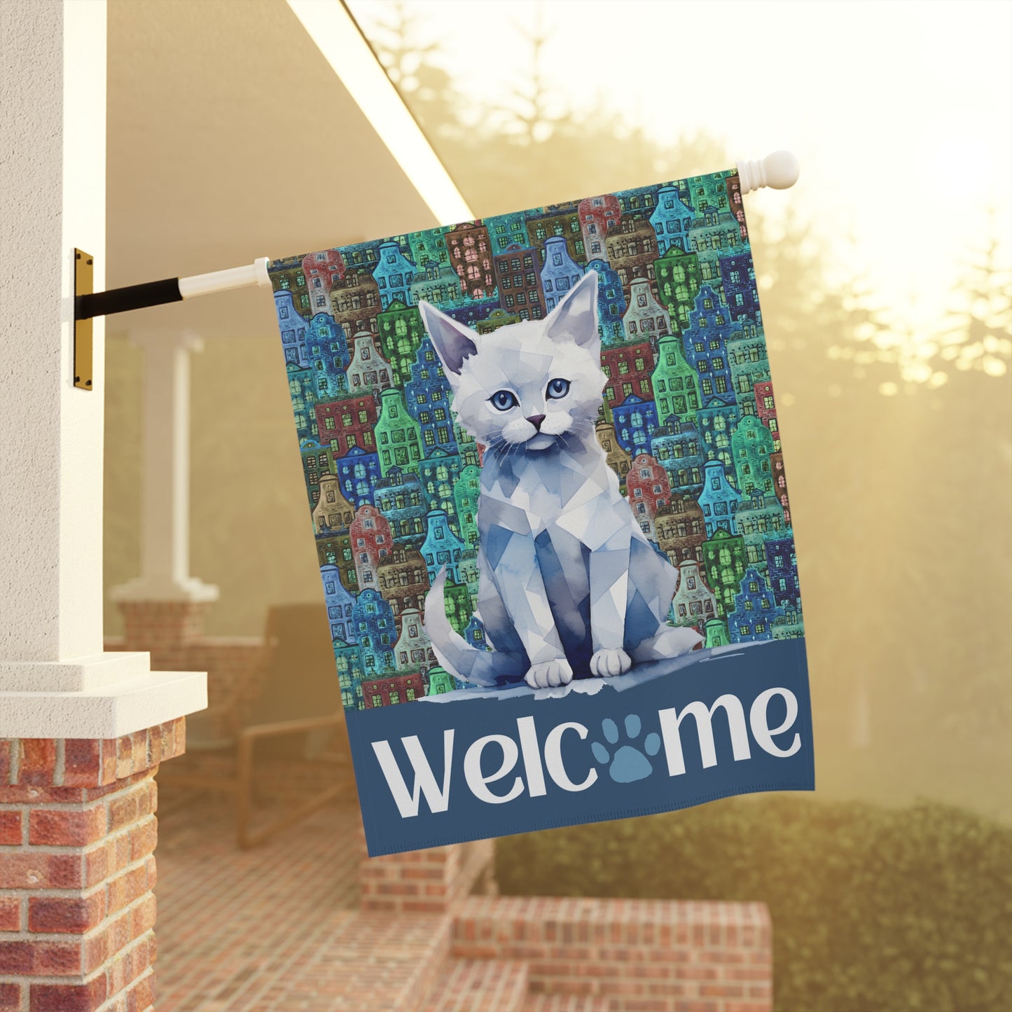 Blue City Cat Welcome 2-Sided Garden & House Flag/Banner