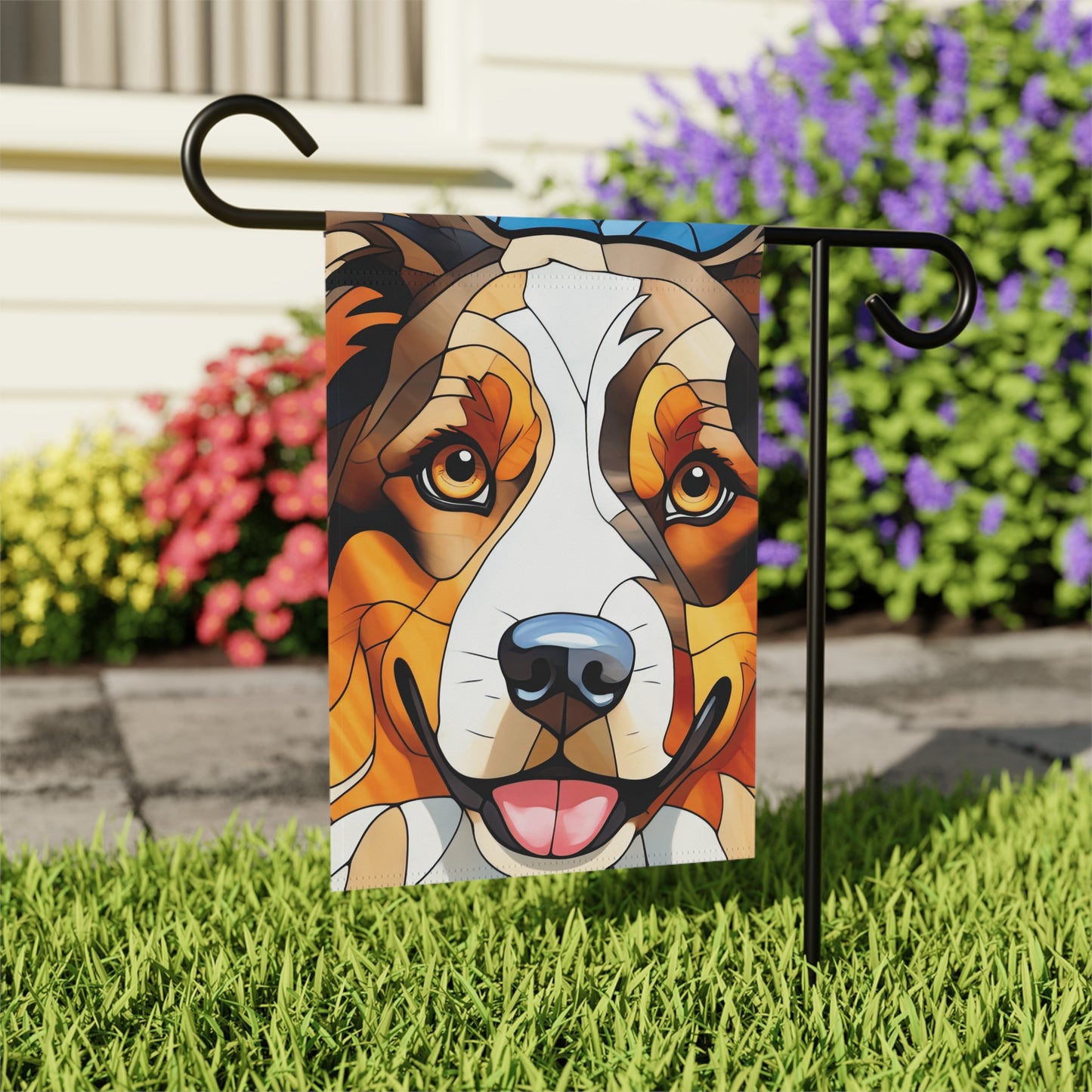 Australian Shepherd Face Stained Glass Look 2-Sided Garden & House Flag/Banner