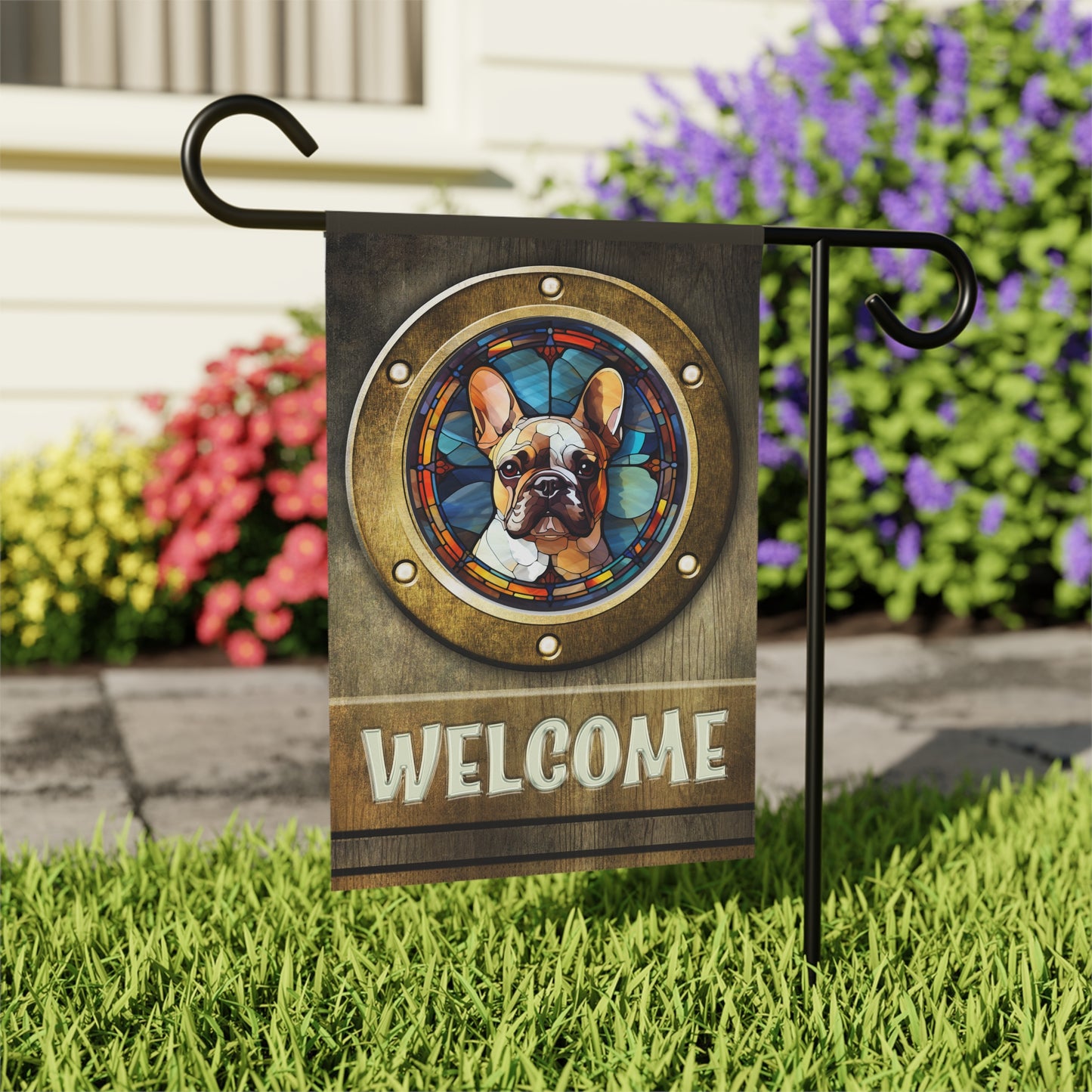 French Bulldog in Port Hole Welcome 2-Sided Garden & House Flag/Banner