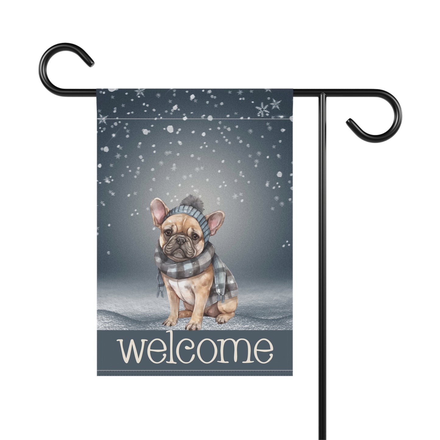 Snowy Welcome French Bulldog in Scarf 2-Sided Garden & House Flag/Banner