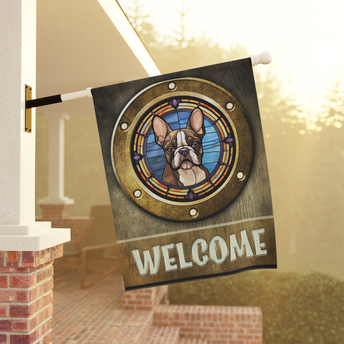 Boston Terrier in Port Hole Welcome 2-Sided Garden & House Flag/Banner