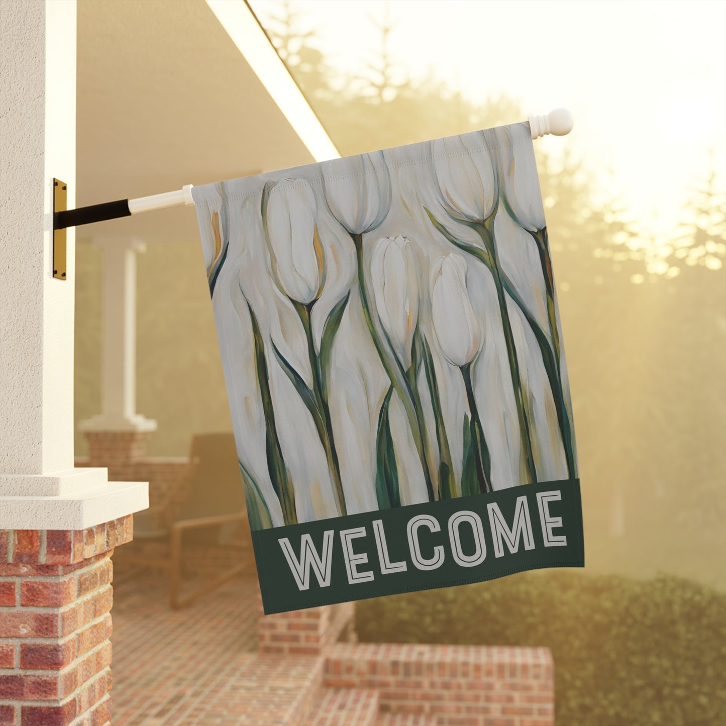 White Tulips Welcome 2-Sided Garden & House Flag/Banner