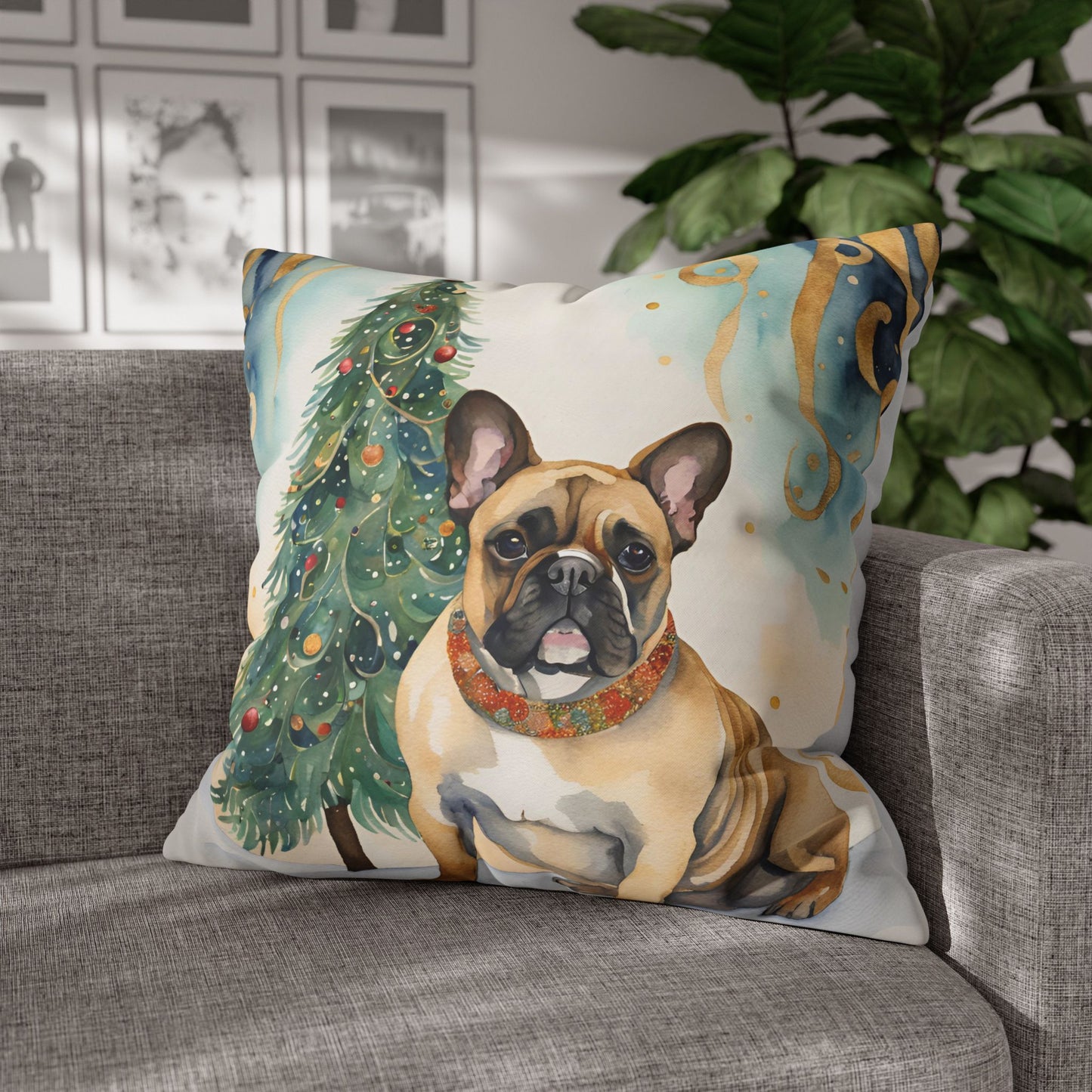 A Frenchie Christmas Square Poly Canvas Pillowcase