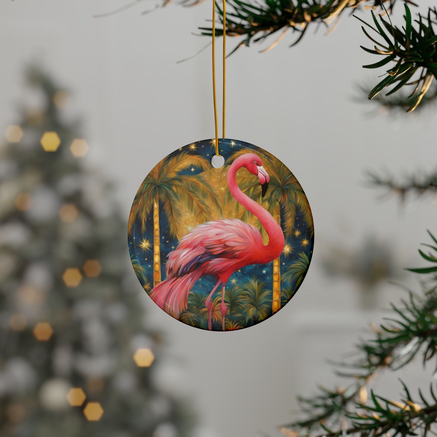 Glitzy Flamingo 3" Ceramic Ornaments, 2-Side Print, (1pc, 10pcs)