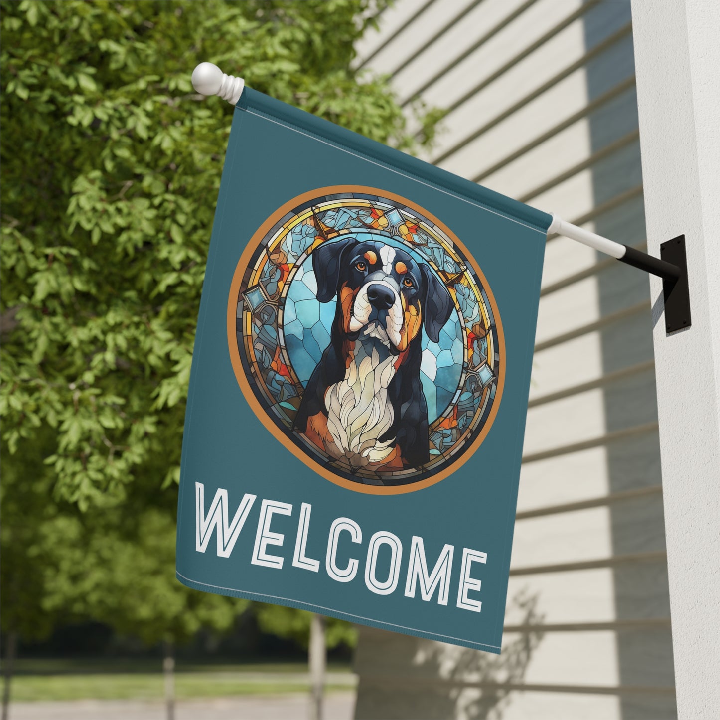 Greater Swiss Mountain Dog Welcome 2-Sided Garden & House Flag/Banner