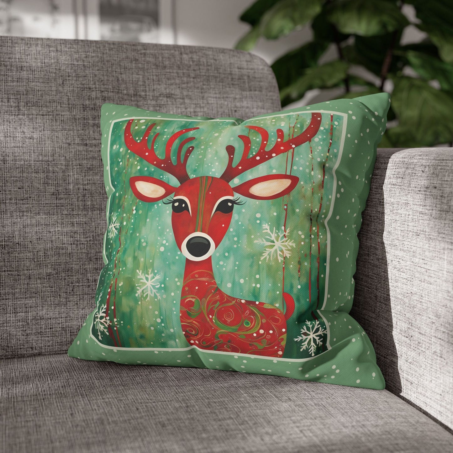 Red Reindeer Square Poly Canvas Pillowcase