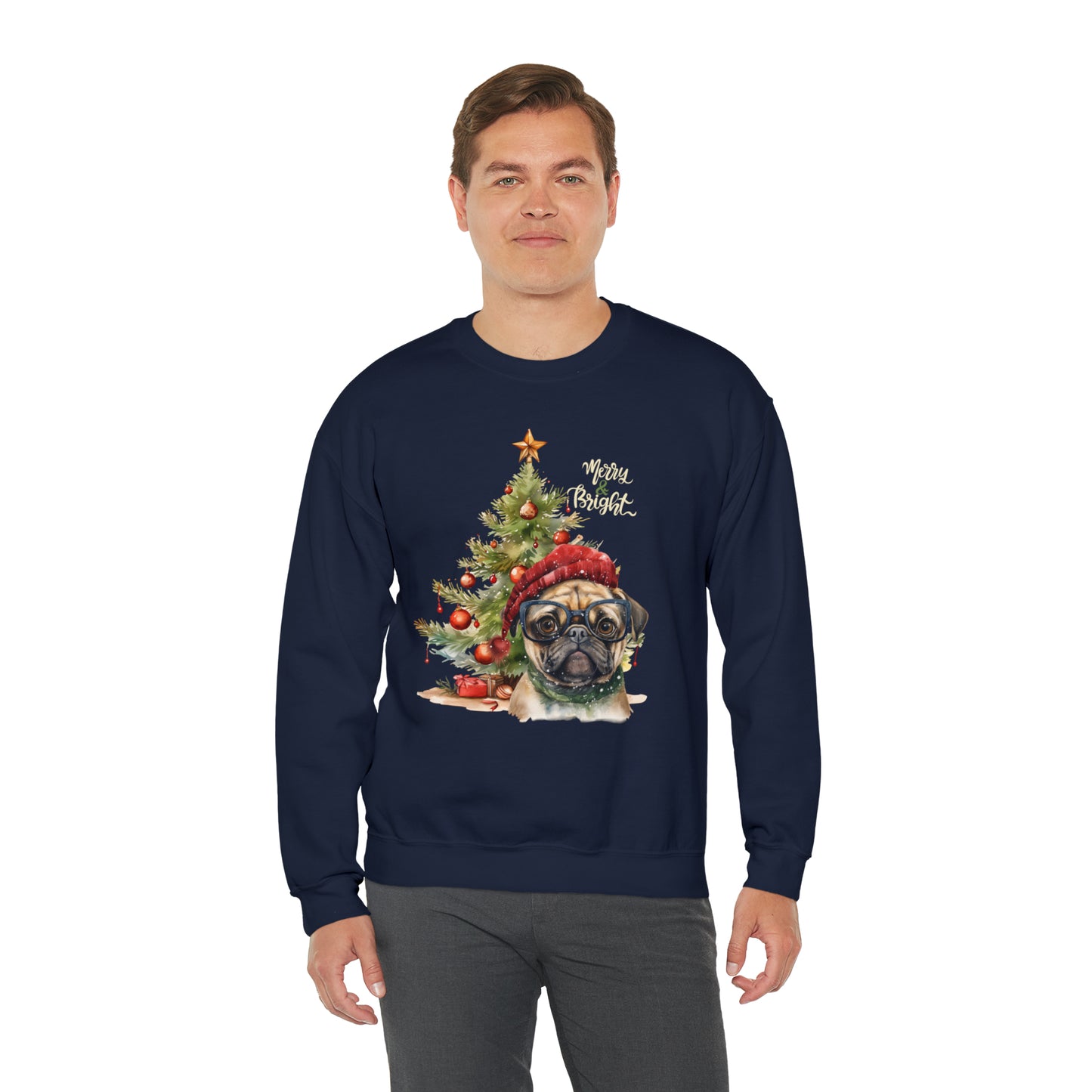 Pug in Glasses Merry & Bright Unisex Heavy Blend™ Crewneck Sweatshirt