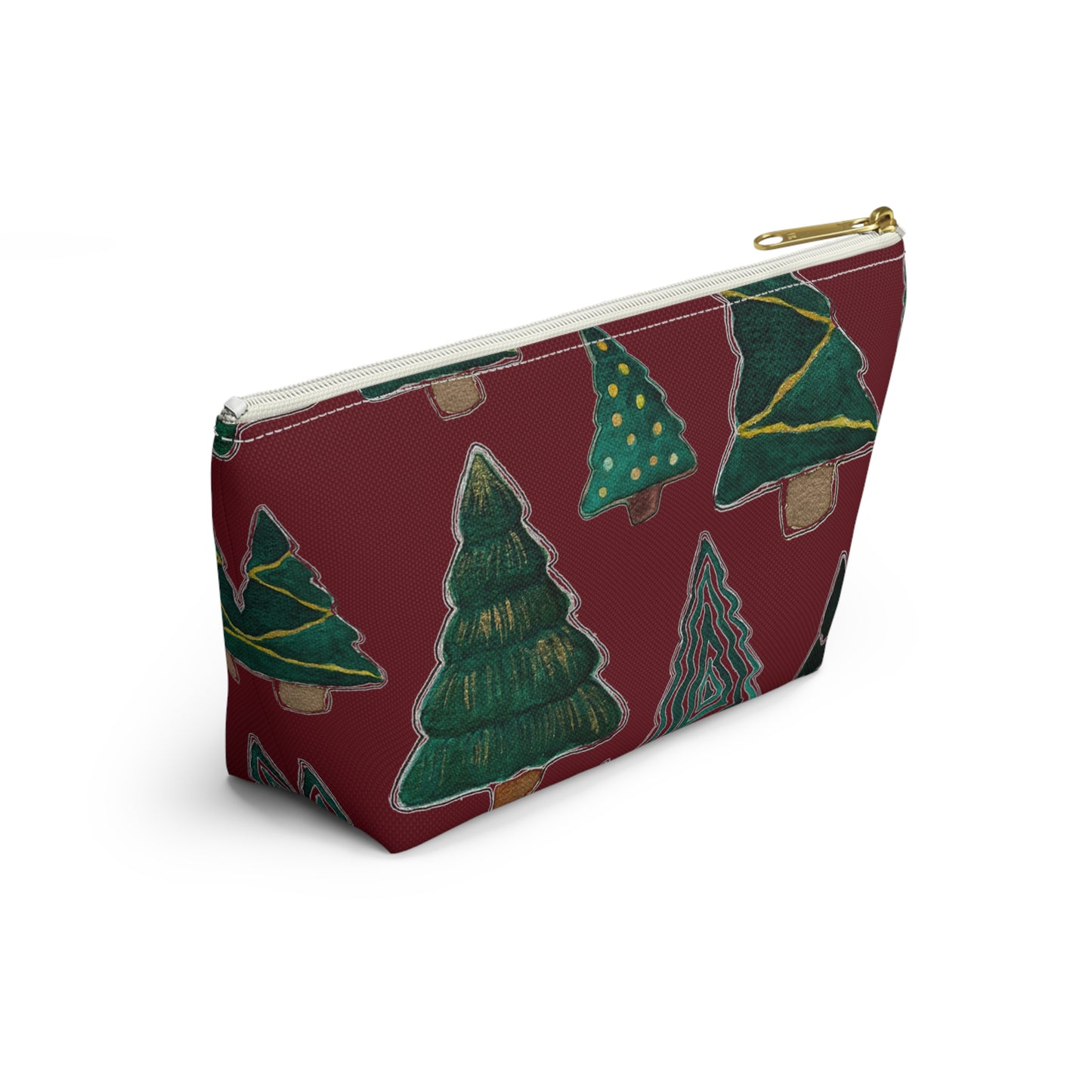 Christmas Tree Cutouts on Maroon Accessory Pouch w T-bottom