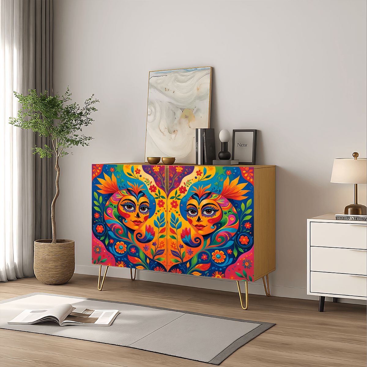 Colorful Mexican Art Wooden Storage Cabinet (Made in USA)