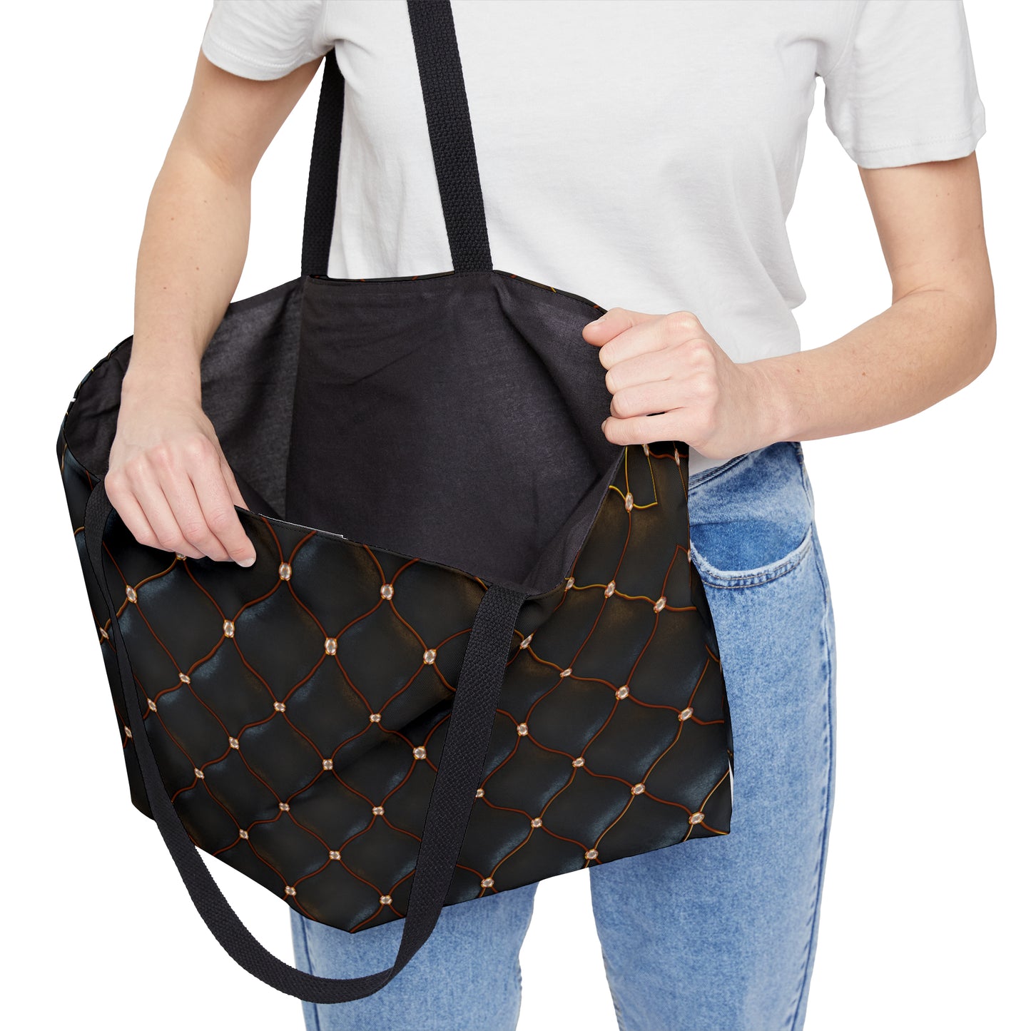 Tufted Black Leather Look Weekender Tote Bag