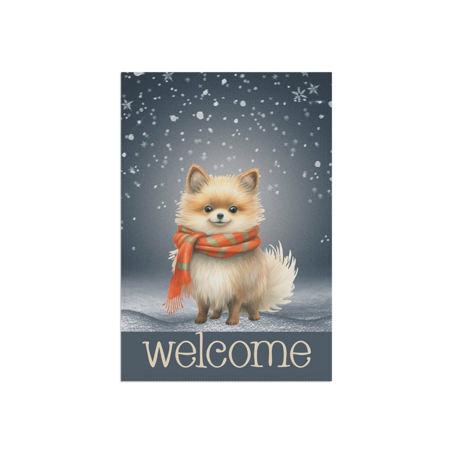 Snowy Welcome Pomeranian in Scarf 2-Sided Garden & House Flag/Banner