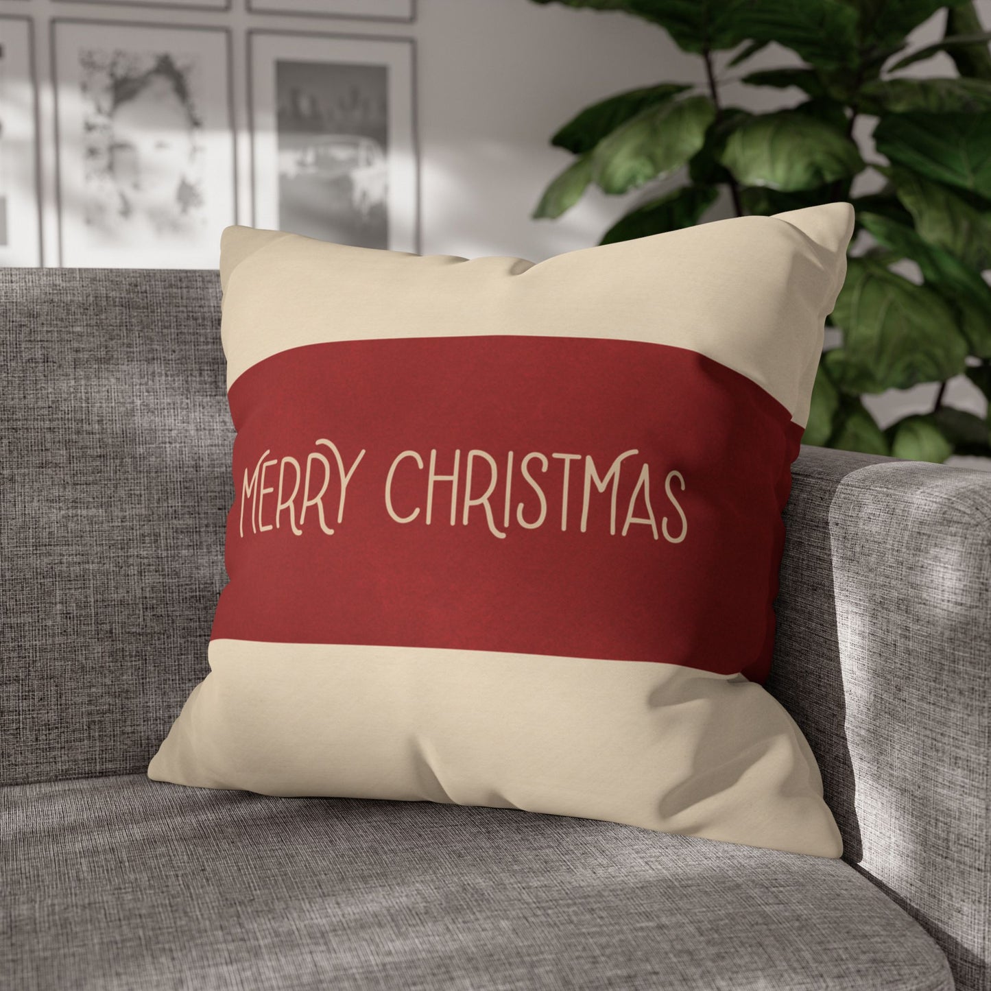 Merry Christmas Red & Cream Square Poly Canvas Pillowcase