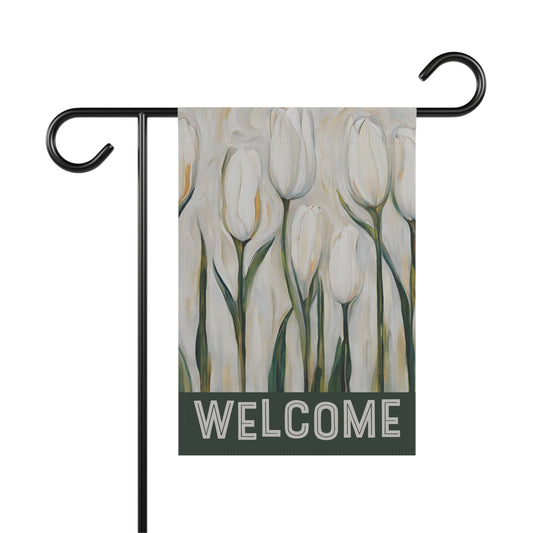 White Tulips Welcome 2-Sided Garden & House Flag/Banner