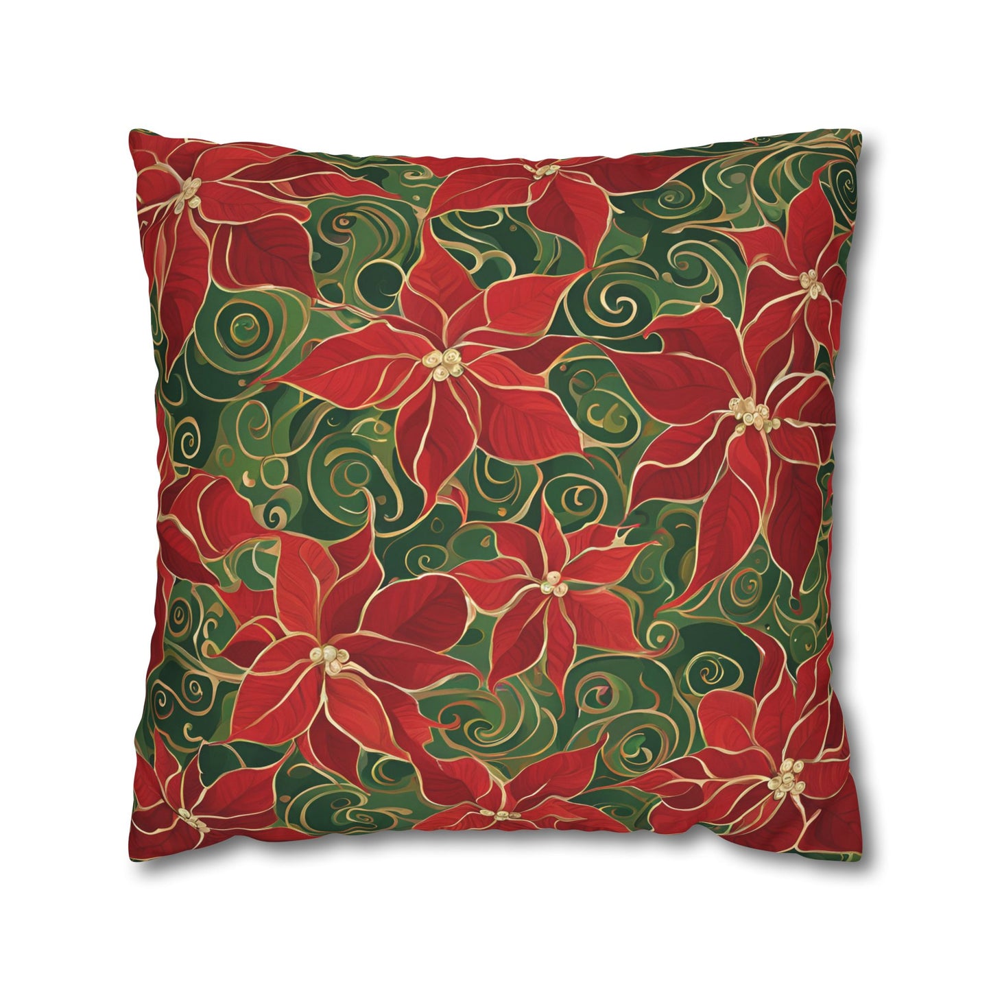 Poinsettias Swirl Holiday Square Poly Canvas Pillowcase