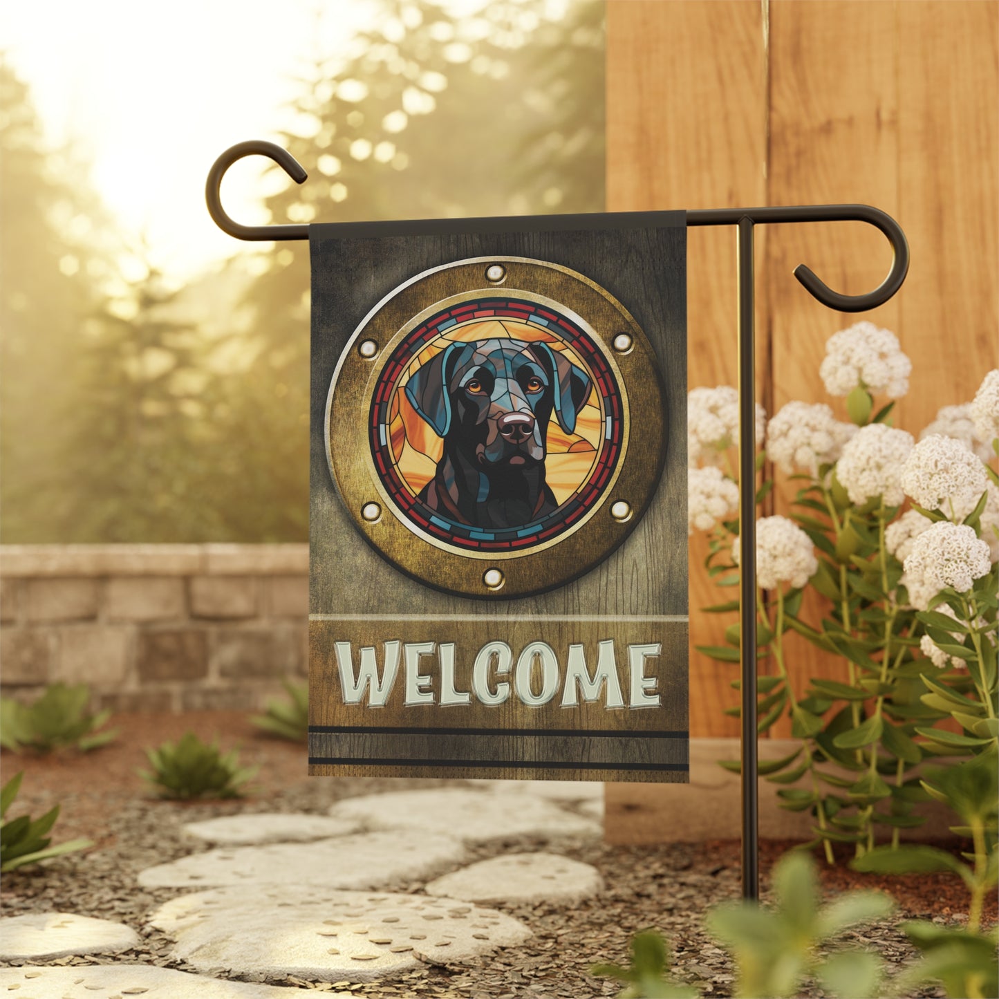 Black Labrador in Port Hole Welcome 2-Sided Garden & House Flag/Banner