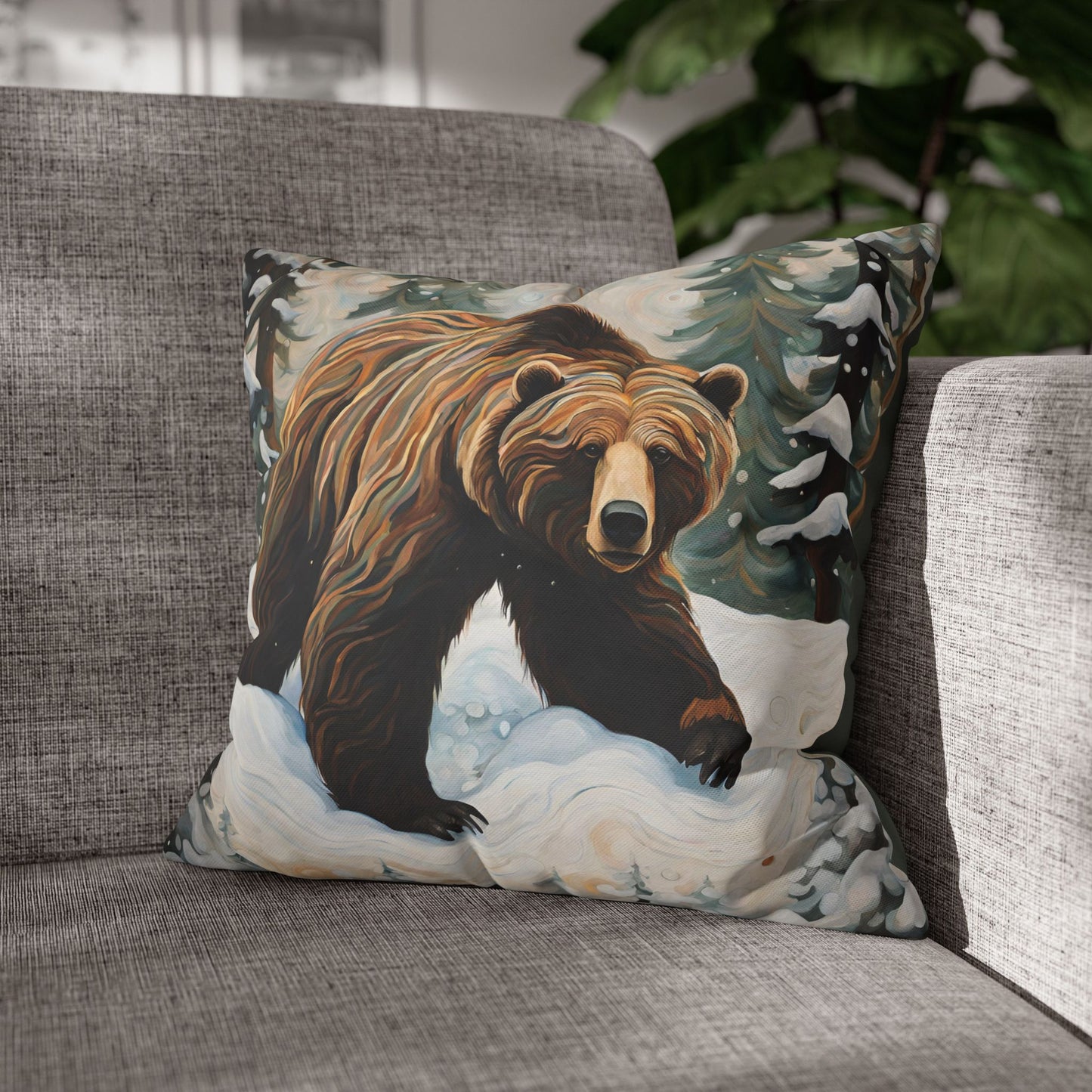 Winter Grizzly Square Poly Canvas Pillowcase