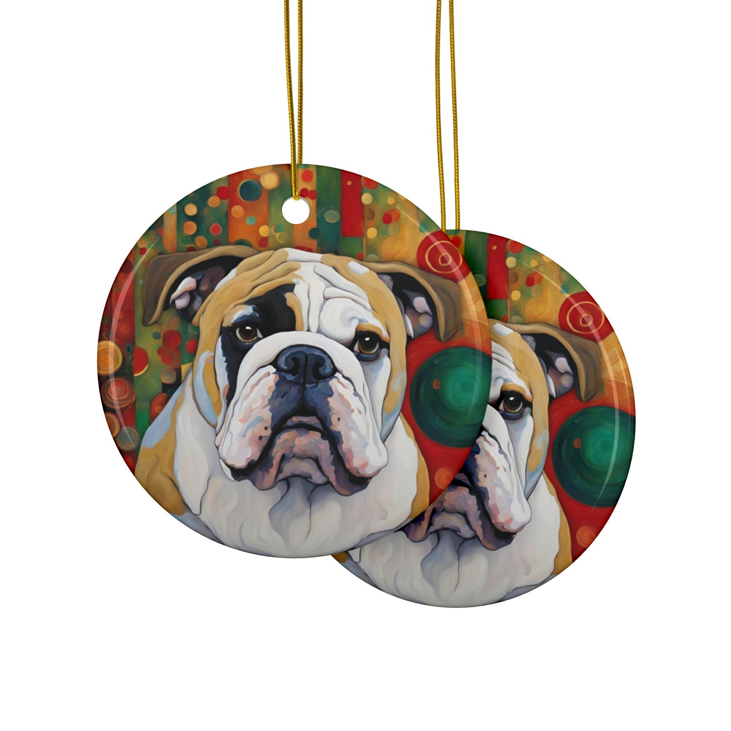 English Bulldog Christmas 3" Ceramic Ornaments, 2-Side Print, (1pc, 10pcs)