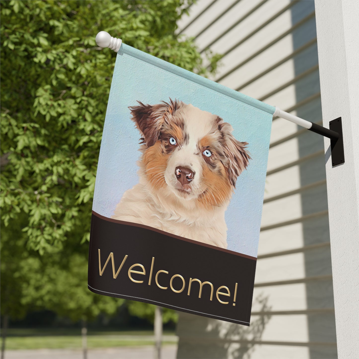 Australian Shepherd with Blue Eyes Welcome 2-Sided Garden & House Flag/Banner